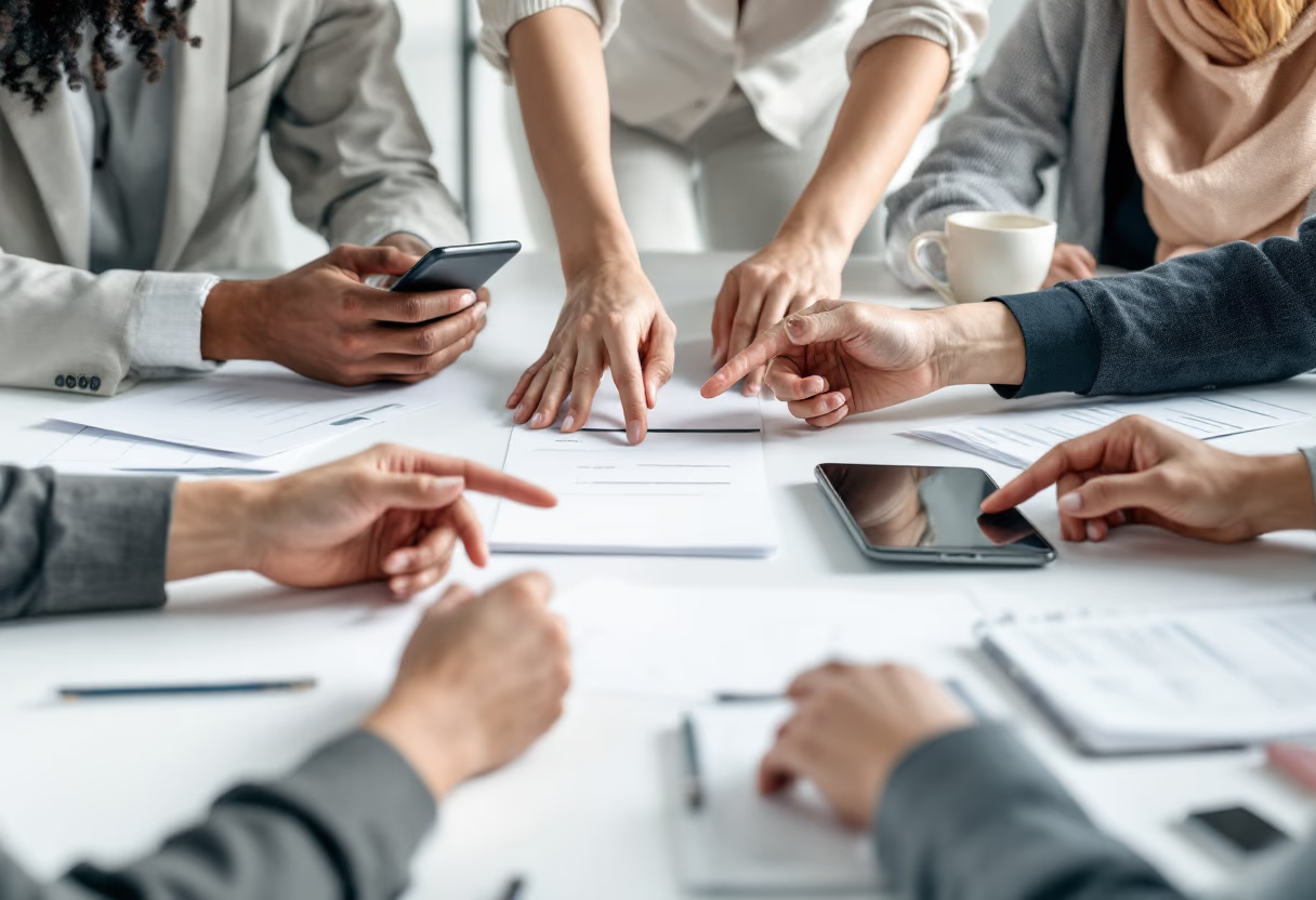 Bright corporate boardroom with hands and tablets